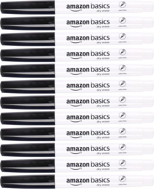 Amazon Basics Low Odor Ultra Fine Tip Dry Erase Whiteboard Markers for Teacher Supplies, Black, 12-Pack