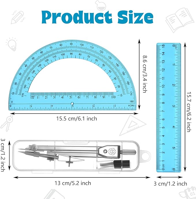 Zonon 3 Pcs Plastic Ruler 6 Inch Protractor Drawing Compass Set, Student Geometry Math Transparent Measuring Tools for Home School Classroom Office Supplies(6 Inch,Blue)