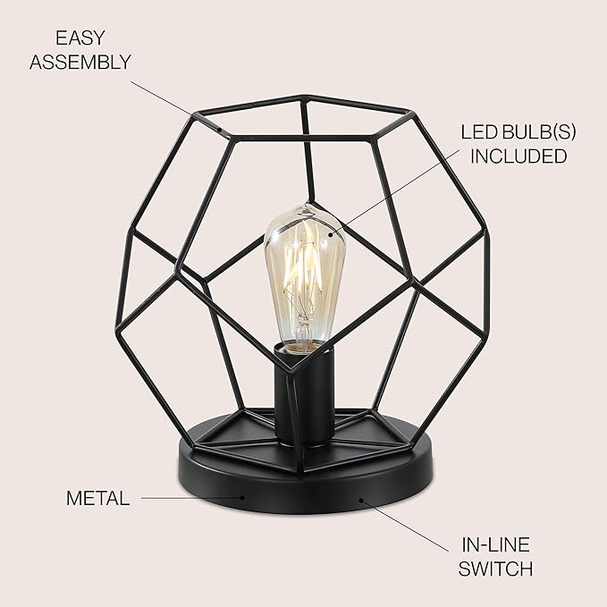 JONATHAN Y 10" Black Geometric Table Lamp, Midcentury Modern Metal Desk Lamp for Living Room Bedroom, White Marble Base, Glam Bedside Nightstand Light with LED Bulb (JYL1047B)