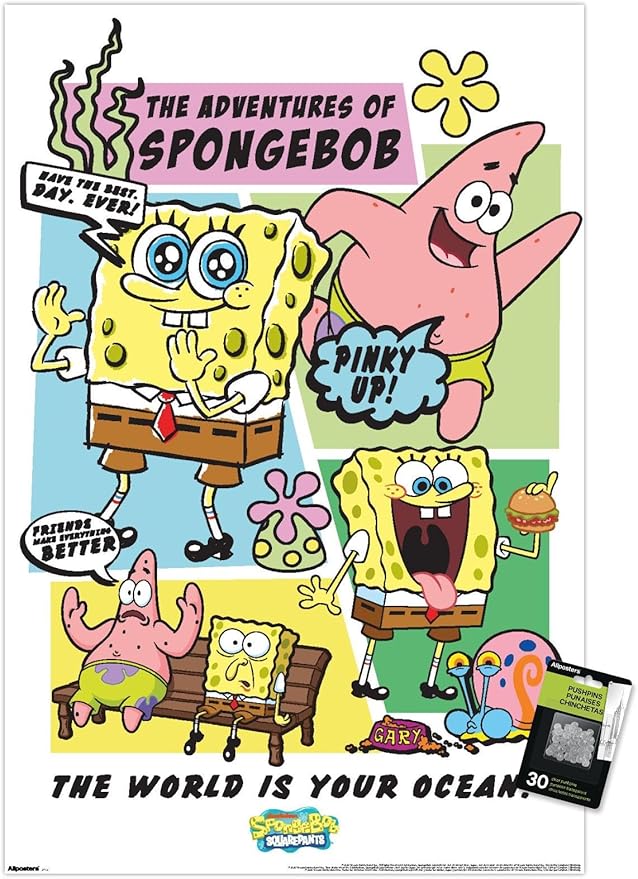 Nickelodeon SpongeBob SquarePants - Ocean Comic Wall Poster with Pushpins, 34L" x 22.4W", Premium Poster & Push Pin Bundle