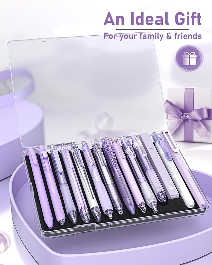 Four Candies Writing Ink Pens with Black & Purple Ink and 2Pack Highlighter Retractable 0.5mm Smooth Fine Point Pens Purple Pens for School Office Girly Stationery Aesthetic Desk Accessories Set of 14