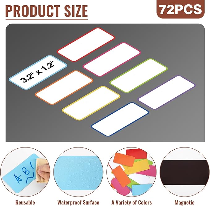72 Pcs Dry Erase Magnetic Labels, 3.2 x 1.2 Colored Border Reusable Writable Magnetic Name Tags Magnetic Label Stickers for Whiteboard, Refrigerator, Locker Classroom Office Home (8 Colors)