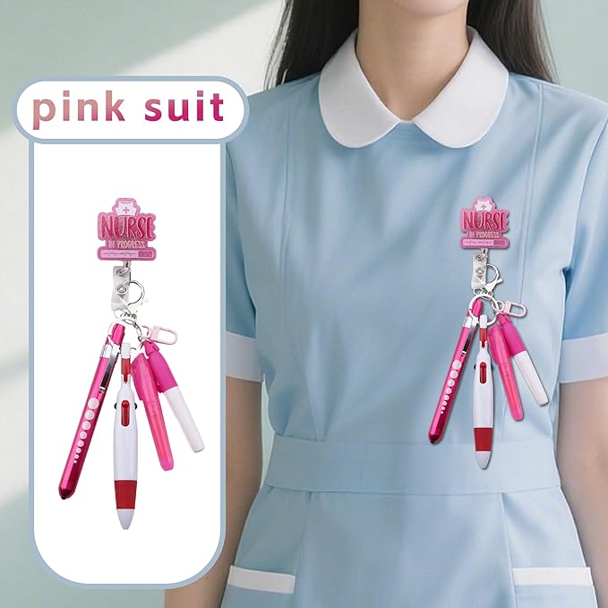 Student Nurse Pen Set Badge Reel Holder Accessories Clip, Retractable Mini Nursing Pen & Light Tool Set， Highlighter pens and Highlighter pens（Pink）