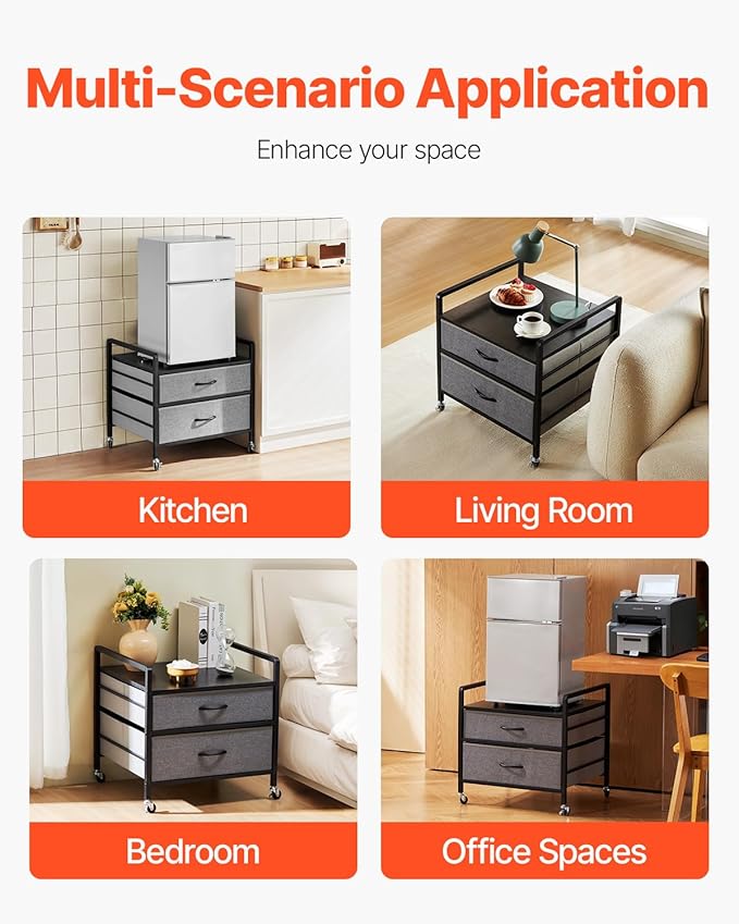 VEVOR Mini Fridge Stand with Storage, 176 lb-Capacity Mini Fridge Table with 2 Drawers & 4 Swivel Wheels, Mobile Mini Fridge Shelf, Gray Mini Fridge Organizer for Dorm, Apartment, Office, Bedroom