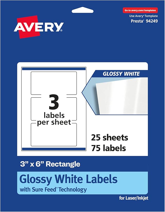 Avery Glossy White Rectangle Labels, Sure Feed Technology, 3" x 6", 75 Glossy White Labels, Print-to-The-Edge, Permanent Adhesive, Laser/Inkjet Printable