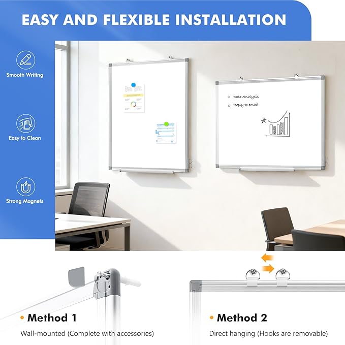 WALGLASS 4 Pack White Board, 36" x 24" Double-Sided Dry Erase White Board for Wall, Hanging Mounted Whiteboard, Horizontal or Vertical Silver Aluminium Frame for Home, School, Office, Kitchen