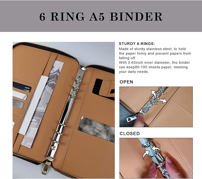 A5 Binder Case PU Leather Portfolio Budget Binder Refillable Notebook Planner Cover with Zipper 6 Rings Money Document Organizer for Business Interview (Greyblue)