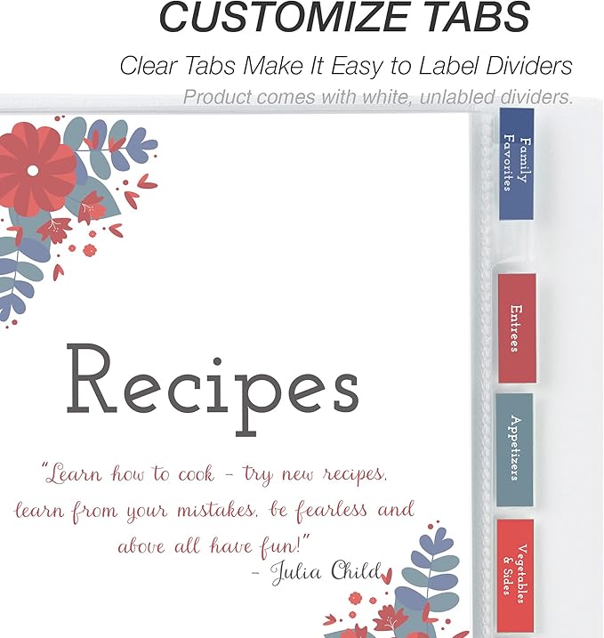 Samsill Junior 8 Tab Recipe Dividers, Recipe Sleeves, Sheet Protector Dividers with Tab Inserts, Clear, Super Heavyweight, Top Loading, 3 Hold Punched, Fits 8x9 Inch Mini Recipe Binders, Archival Safe