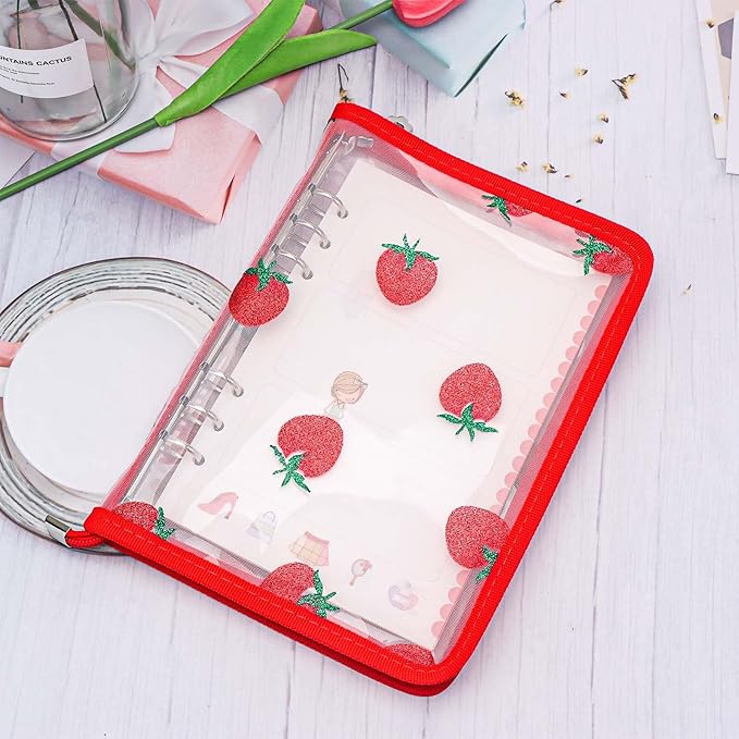 AxeWoodz Red A5 Zipper Binder Clear Refillable Notebook Shell Cute Strawberry Lace Cover 6 Ring PVC Binder Cover for Photocard Planner Journal Photo Album