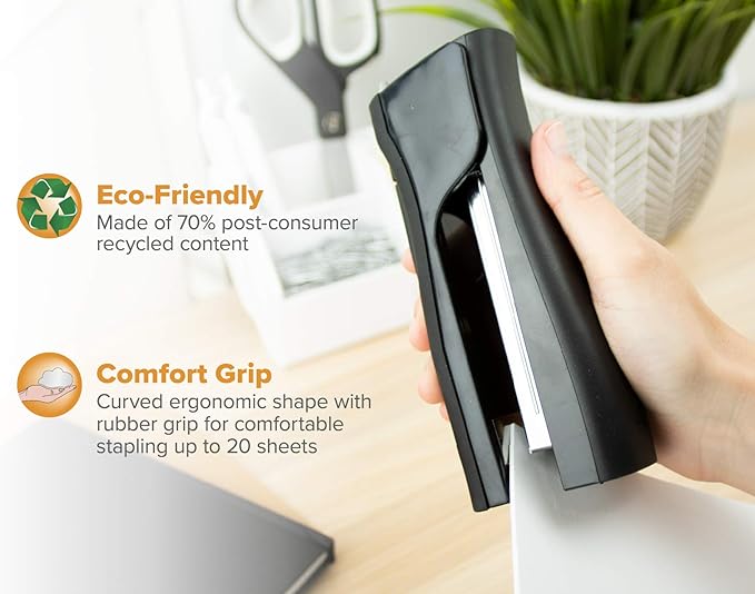 Bostitch Office Eco-Friendly Dynamo 4 in 1 Standup Stapler, Includes 420 Staples, 20 Sheet Capacity, Integrated Pencil Sharpener, Staple Remover & Staple Storage, Black