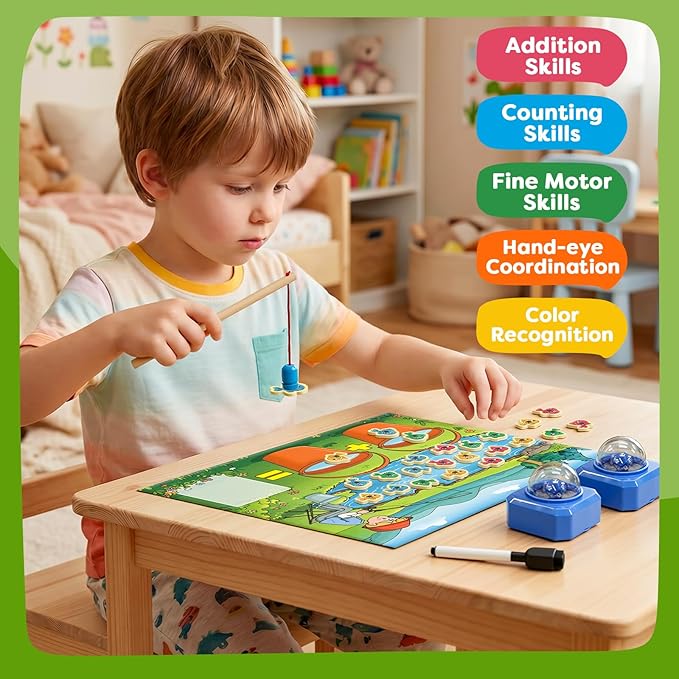 Magnetic Fishing Math Game for Kids with Dice Poppers, Fishing Game, Math Manipulatives for Kindergarten Preschool, Montessori Counting and Addition Dice Games Homeschool Learning Toy