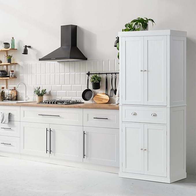 VEVOR 72" Tall Storage Cabinet with Doors, Drawer, 3 Adjustable Shelves, Utility Pantry for Kitchen, Living Room, Dining, Laundry, Pearl White