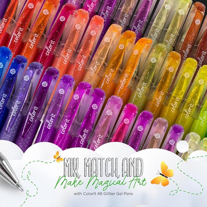 ColorIt Glitter Gel Pens for Coloring – 96 Pack with 48 Premium Glitter Gel Pens & 48 Refills with 1 Travel Case - Vibrant Colors for Journaling, Writing, Adult Coloring Books, and Creative Projects