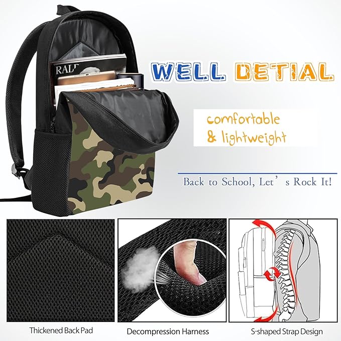 3PCS Camo Backpack Set for Boys, Lightweight Large Backpack with Lunch Box & Pencil Case, Camouflage Bookbag for Kids, Back to School Backpacks for Elementary & Middle School