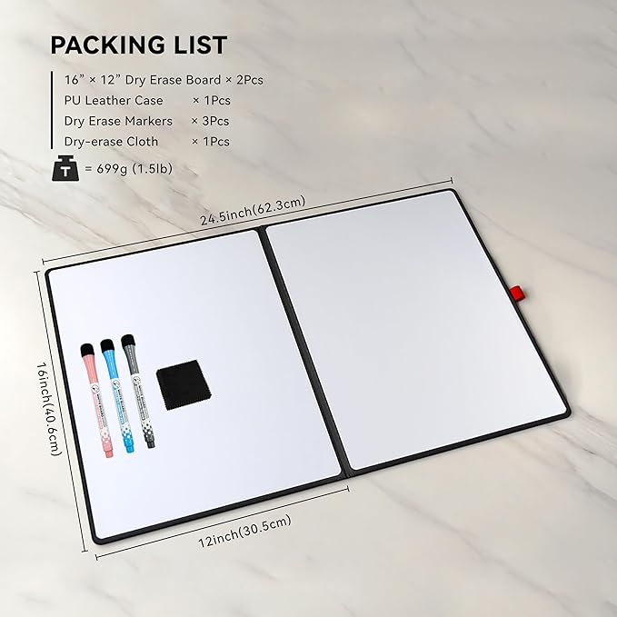 Double-Sided White Board 16×12inch - Expands to 24“×16” Dry Erase Board with 3 Markers & Anti-Ghosting Surface | Magnetic-Ready | Ultra-Thin for Office,School,Travel,Home(16"×12"-Black)