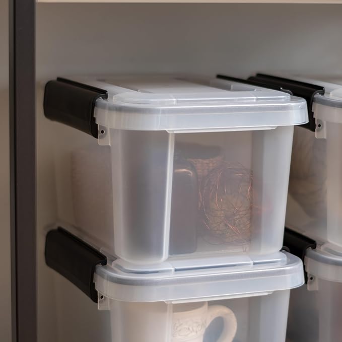 IRIS USA 7 Quart WEATHERPRO Plastic Storage Box with Durable Lid and Seal and Secure Latching Buckles, 6 Pack, Weathertight, Keep Pest Dust and Moisture Out, Clear/Black