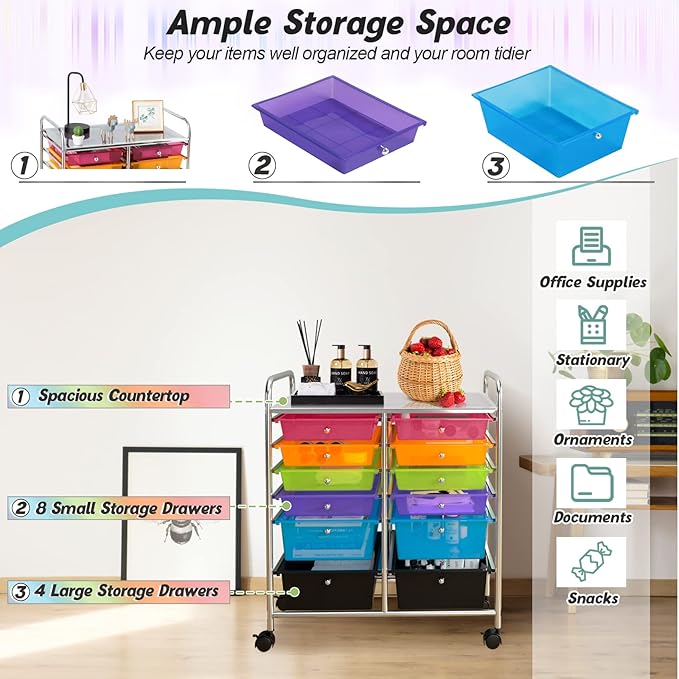 COSTWAY 12-Drawer Rolling Storage Cart, Moveable Art Craft Organizer W/Lockable Wheels, Metal Shelf, Files Arrangement Tools Makeup Storage Cart for Office, Home, School (Rainbow)