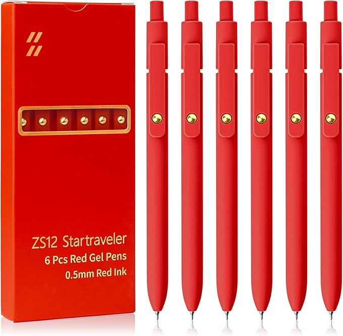 Red Pens, 6 Pcs Red Ink Pens Fine Point Smooth Writing Pens, 0.5mm Colored Ink Gel Pens for Journaling Note Taking, School Supplies Gifts for Women (6 Pcs Gold Red - Red Ink)