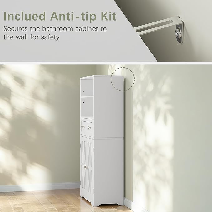 VECELO Bathroom Floor Storage Cabinet with Drawer, Freestanding Storage Unit with Adjustable Shelves, Open Compartments, for Bathroom, Living Room, Kitchen, White