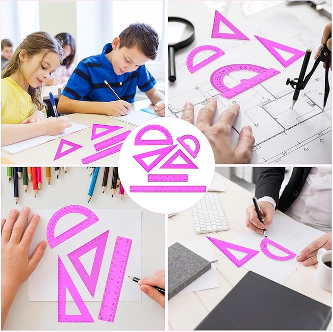 6 PCS Plastic Ruler Set Includes Transparent Ruler 12 & 6 Inch, Clear Protractor, and Triangle Rulers, Purple Rulers Math Geometry Set Measuring Tool for School Supplies Home Office Drawing
