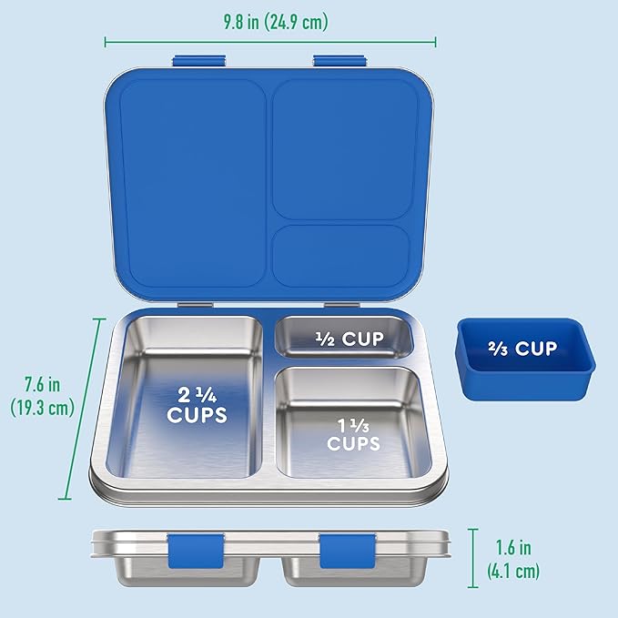Bentgo Kids Stainless Steel Leak-Resistant Lunch Box - 3-Compartments with Bonus Silicone Container, Durable, Eco-Friendly, Dishwasher Safe, BPA-Free, Ideal for School, Ages 3+ (Blue)