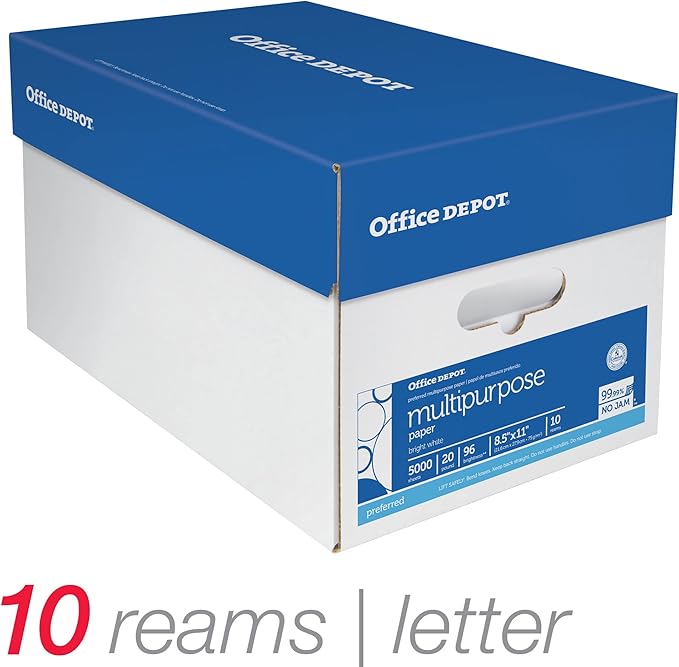 Office Depot® Multi-Use Printer & Copy Paper, 10 Reams, White, Letter (8.5" x 11"), 5000 Sheets Per Case, 20 Lb, 96 Brig