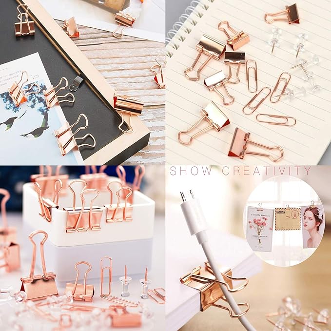 KIDMEN Rosegold kit,Set of Binder Clips,Paper Clips,Push Pins, Total 226pcs