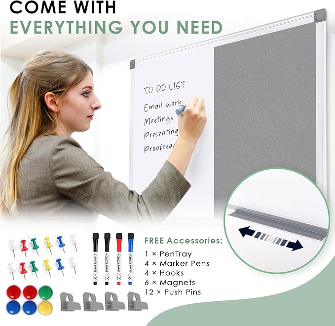 Combination Magnetic Whiteboard & Fabric Board,Dry Erase Board Bulletin Board 36x24inches Combo Vision Board for Wall,Home,School,Office