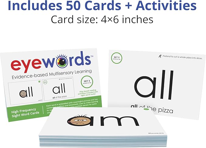 Multisensory Sight Word & Phonics Flash Cards, Set 2 (High-Frequency Words 51-100) - Kinesthetic Learning, Picture-Embedded - Pre-K - Grade 3 - Homeschool & Classroom Use - Model EW-23