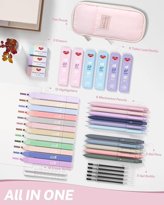 40PCS Aesthetic School Supplies with Cute Pen Case, 12 Color Pastel Highlighters, 5 Black Ink Gel Pens, 6 Mechanical Pencil 0.5 & 0.7 mm, Back To School Supplies for Student Stationary