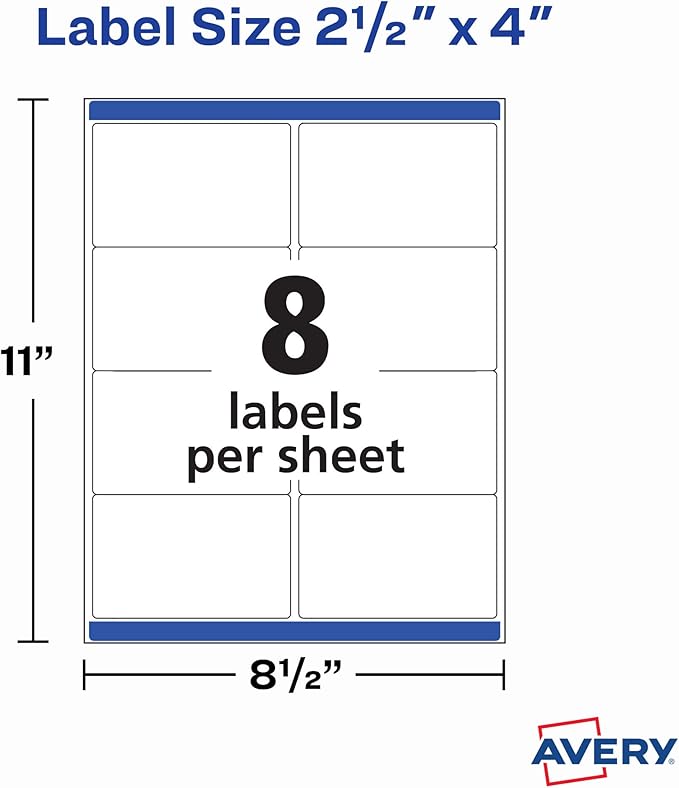 Avery Printable Blank Shipping Labels, 2.5" x 4", White, 200 Labels, Inkjet Printer, Permanent Adhesive (5815)