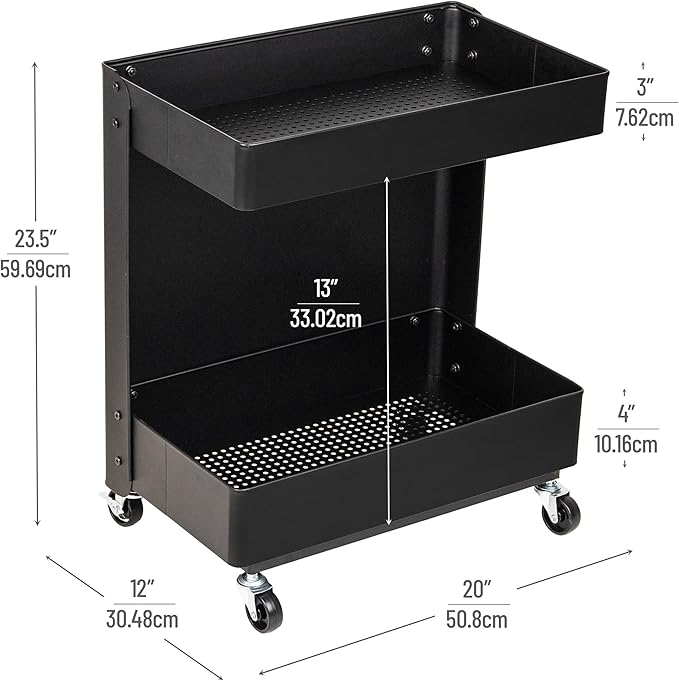Mind Reader Under Desk Rolling Cart, 2-Tier Steel Utility Organizer, No Assembly Required, 12" L x 20" W x 23.5" H, Black