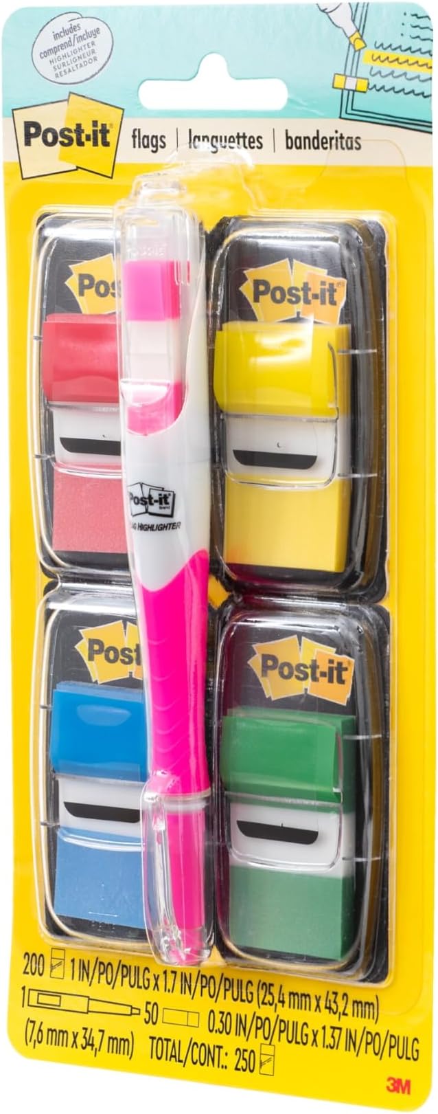 Post-it Flags Value Pack, 50/Dispenser, 4 Dispensers/Pack, 1 in Wide, Assorted Colors, Includes Free Flags + Highlighter (680-RYBGVA)