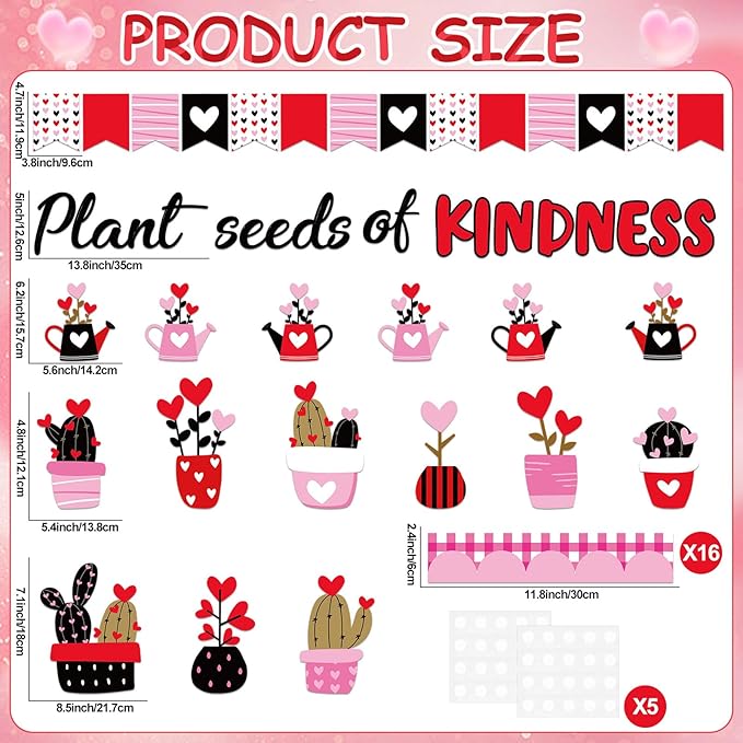 Valentine's Day Bulletin Board Set Plant Kindness Valentines Classroom Decorations Positive Motivational Potted Plant Love Heart Paper Cutouts for Party School Home Chalkboard Wall Decor Supplies