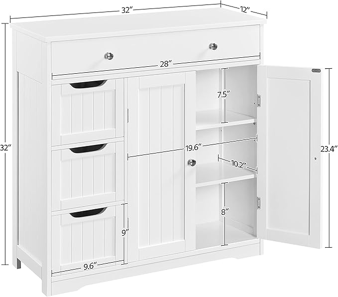 Yaheetech Bathroom Floor Cabinet, Large Storage Space Wooden Organizer with 1 Big Drawer, 3 Small Drawers & 2 Doors, Free-Standing Cupboard for Kitchen/Living Room/Bathroom Use, White