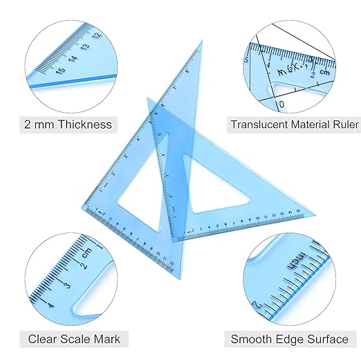 Coopay 12 Inch Math Geometry Tool Plastic Ruler Square Set Includes Straight Ruler, Triangles, Protractor for Student School Office Supplies (Blue)