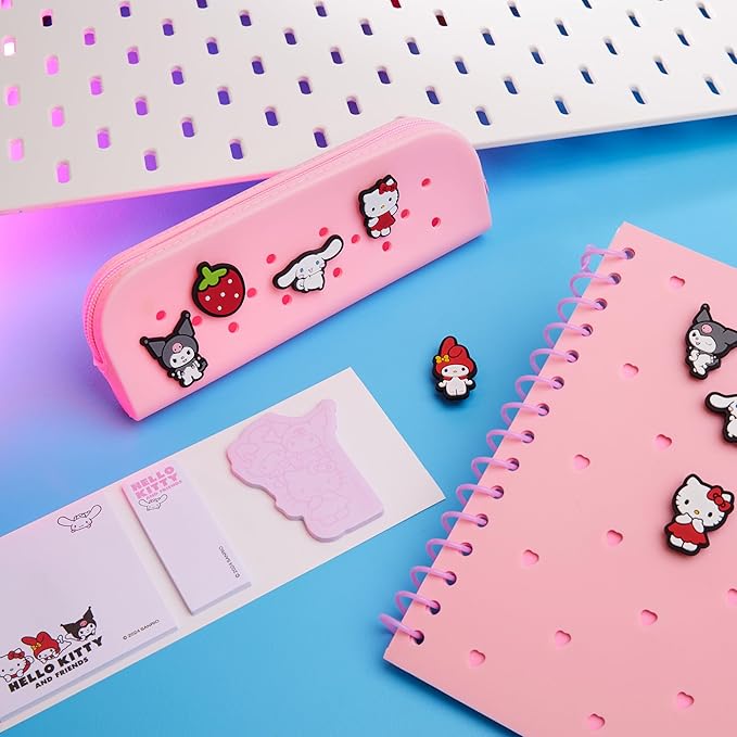 Hello Kitty A5 Customizable Notebook and Zipped Pencil Case, Kawaii Stationery Set with Character Chibi Pins Sticky Notes, Anime Gifts for Kids
