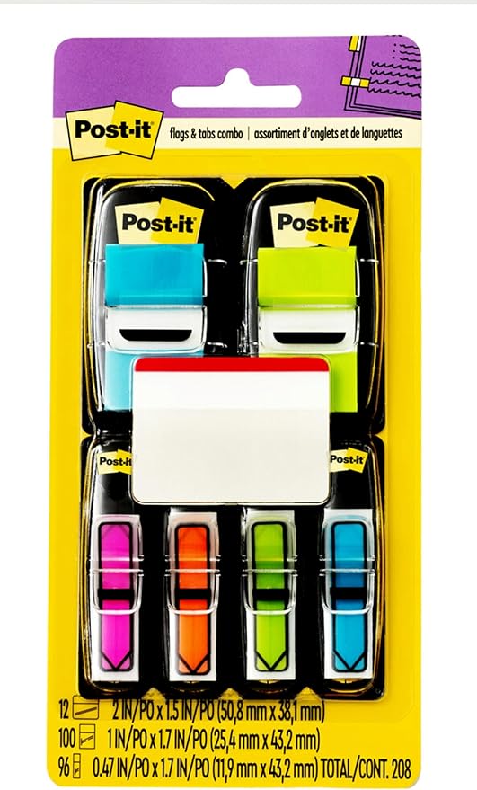 Post-it Flags and Arrow Flags Value Pack, Brights, 1 in and 1.7 in Wide, 196/Dispenser Plus Free Post-it Tabs (680-BBBGA4VA)