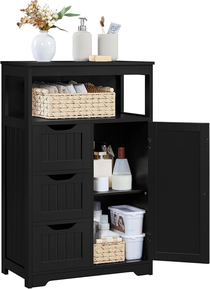 Yaheetech Bathroom Floor Cabinet, Free Standing Wooden Storage Cabinet Multiple Tiers Storage Organizer for Bathroom/Living Room/Entryway, Black