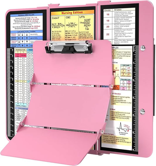 Nursing Clipboard Foldable, Foldable Clip Board w/Nursing Edition Cheat Charts, 3 Layers Aluminum, Nurse Plank w/Low Profile Clip&Pen Clip Pocket for Students, Nurses and Doctors, Pink