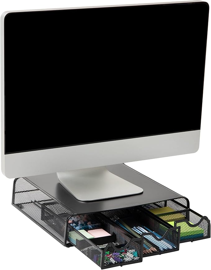 Mind Reader Monitor Stand, Ventilated Laptop Riser, Desktop Organizer, Storage, Metal Mesh, 13.25"L x 12.5"W x 3"H, Black