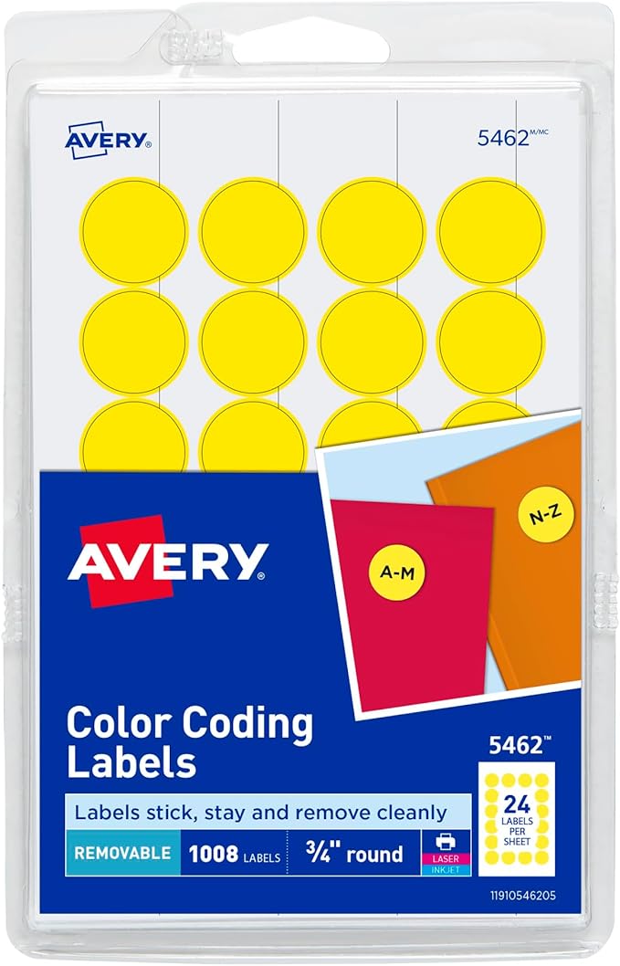 Avery Print/Write Self-Adhesive Removable Labels, 0.75 Inch Diameter, Yellow, 1,008 per Pack (5462)