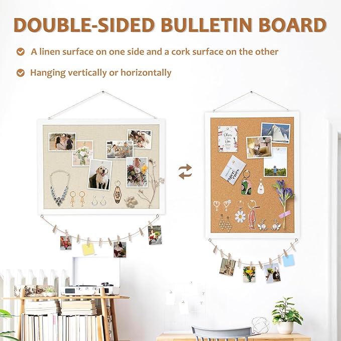Double-Sided Large Cork Board with Linen, 36" x 24" Hanging Wood Framed Bulletin Board, Picture Display Vision Board Corkboards for Wall Room School Office Decor, 20 Pushpins,1pack