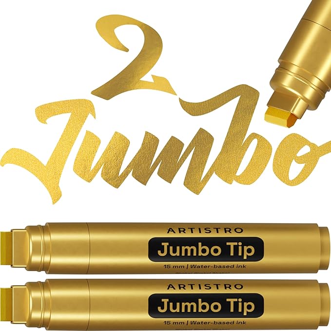 ARTISTRO 2 Gold Acrylic Paint Markers - 15mm Jumbo-Tip Paint Pens - Perfect for Crafting, Art Projects, & More