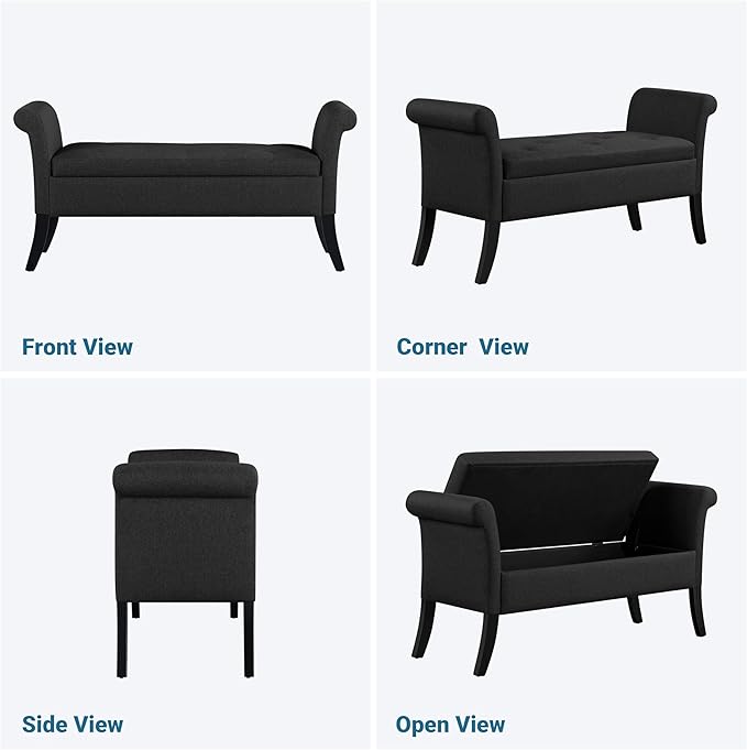 Yaheetech Ottoman with Storage, 52" Storage Ottoman Bench with Safety Hinge, Upholstered Bench with Seating for Bedroom, Living Room, Holds up to 661 lb, Black