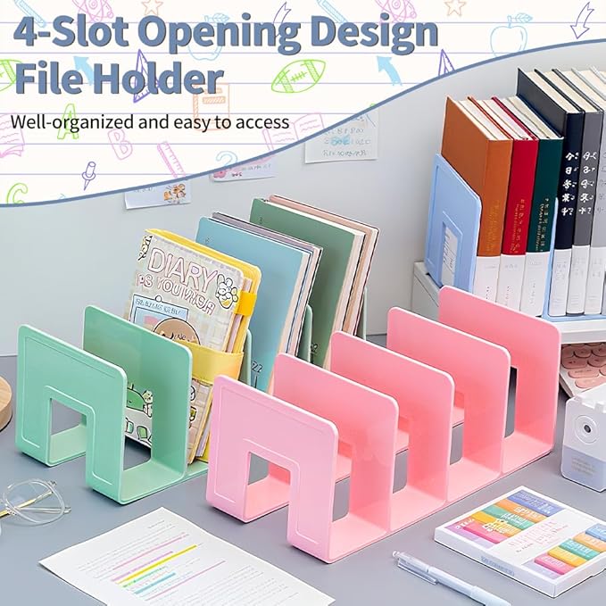4Pcs Acrylic Desk File Sorter, Desktop File Organizer, 4 Sections Clutch Divider File Folder Rack, Purse Handbag Organizer Letter Notebook Folder, Office Supplies Stand (4 Colors)