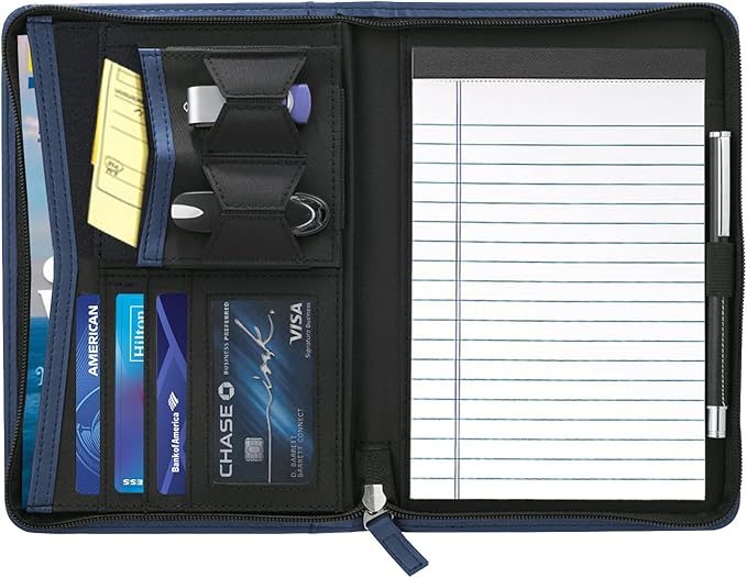 Small Portfolio Organizer, A5 Zippered Business Portfolio, Junior Padfolio Folder Binder for Women & Men, 5 x 8 Writing Pad Included, Navy Blue