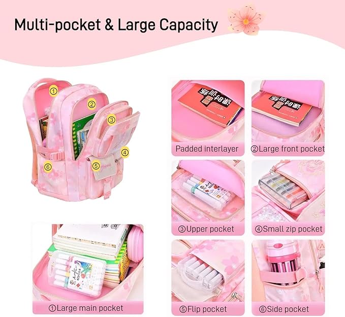 Kids Backpack School Bags for Girls, Cute Princess Backpack Multi-pocket Elementary School Students Bookbag for Girls, Pink