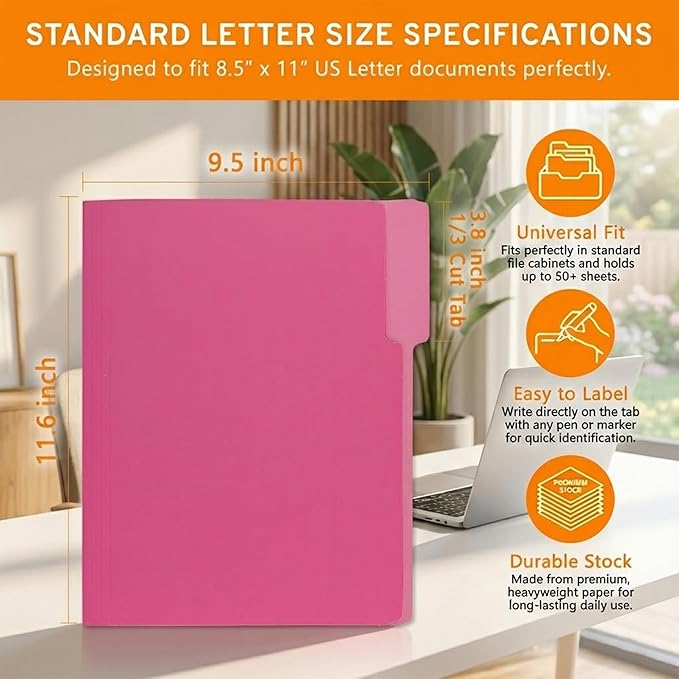 150 Packs File Folder,1/3-Cut Tabs,File Folder Letter Size,8.5x11 Pink File Folders for Office,School and Home,Organizer Folder
