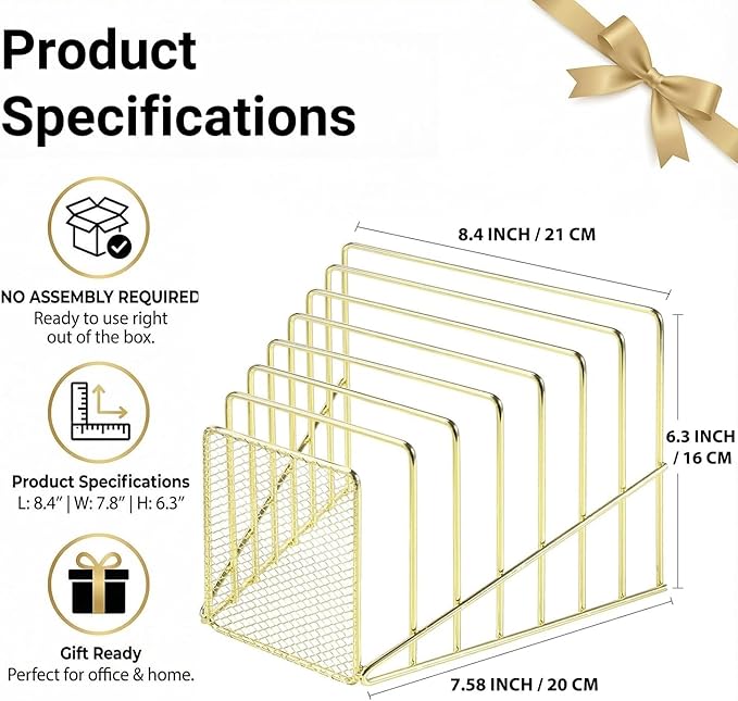 Simmer Stone Gold Desk Organizer 7 Slot Inclined Vertical File Folder Holder Sorter with Mesh Front Metal Wire Rack for Mail, Slim Binders, Books Office Organization Desktop Accessories